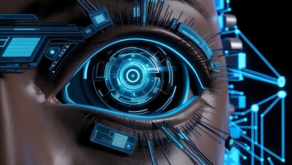 Poster - Cybernetic eye with glowing blue light and futuristic circuitry design suitable for scifi, technology, and artificial intelligence concepts.
