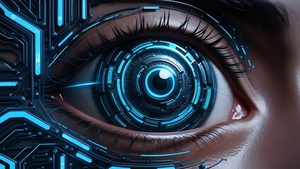 Poster - Cybernetic eye with glowing blue light and futuristic circuitry design suitable for scifi, technology, and artificial intelligence concepts.