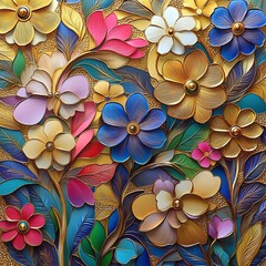 Wall Mural - Vibrant 3D Embossed Colorful Flowers on Gold Floral Background with Glittering Leaves - Paper Quilling Art