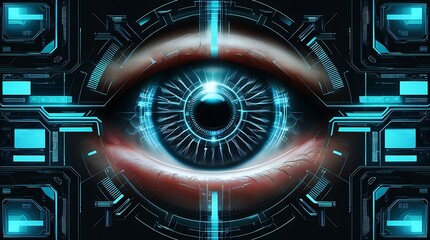 Poster - Cybernetic eye with glowing blue light and futuristic circuitry design suitable for scifi, technology, and artificial intelligence concepts.