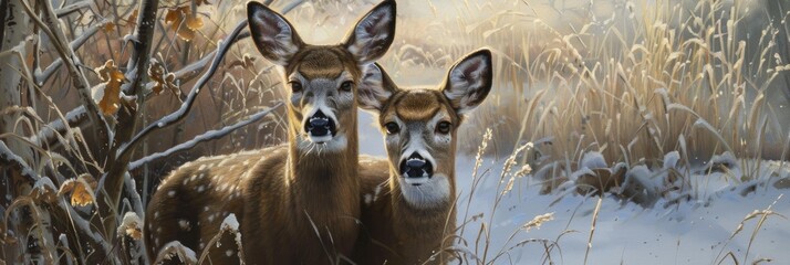 Wall Mural - Two inquisitive white tailed deer in a wintery setting