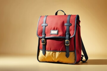 Colorful school supplies in a white bag, isolated on a solid background