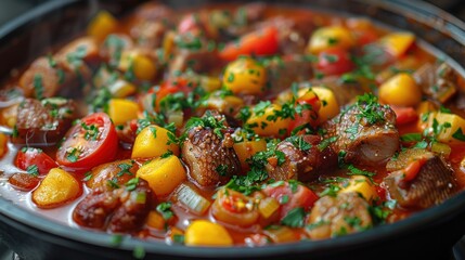 Wall Mural - Steaming Hot Stew with Meat, Vegetables, and Herbs