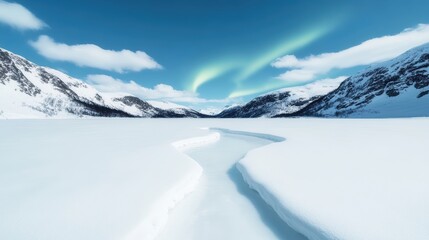 Canvas Print - Stunning Winter Landscape with Northern Lights Over Snow-Covered Mountains and Frozen River Under Clear Blue Sky