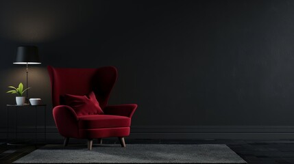 Interior design in dark tones with red armchair on black wall background (1)