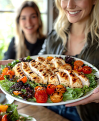 Wall Mural - Photo of a woman serving a plate of colourful salad and chicken. AI generative.