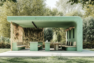 Sustainable Dining: Eco-Friendly Eating Pavilion in Mint Green with Bran Buffet