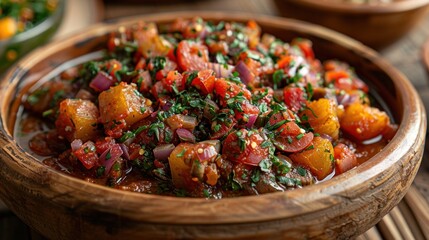 Canvas Print - Close-up of a bowl of colorful tomato and pumpkin salsa