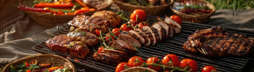 Wall Mural - A delicious spread of grilled meats with vibrant tomatoes and herbs, perfect for a summer barbecue or gourmet dining.