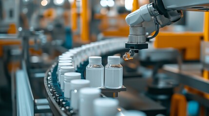 A robot arm moves a plastic bottle to the conveyor belt of an auto capping and labeling machine at a cosmetic and skin care manufacturing facility highlighting the cosmetic industry and AI