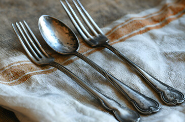 Canvas Print - Antique cutlery on the table Vintage cutlery
