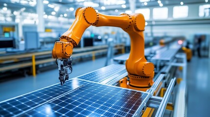 Wall Mural - An orange industrial robot arm is featured at the production line in a modern bright factory where solar panels are assembled on a conveyor in an automated manufacturing facility