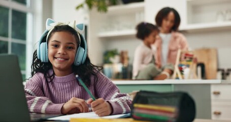 Poster - Girl, child and face with headphones for homework, education and writing notes for online course. Kid, laptop and studying with streaming, video and portrait with smile at family house in Brazil