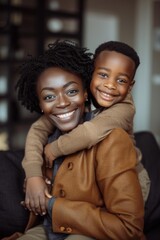 Wall Mural - A mother and son embrace, smiling and looking happy. AI.