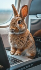 Sticker - A brown rabbit sits on a laptop keyboard in an airplane seat. AI.