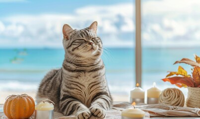 Wall Mural - A cat relaxes by a window with candles and a pumpkin. AI.