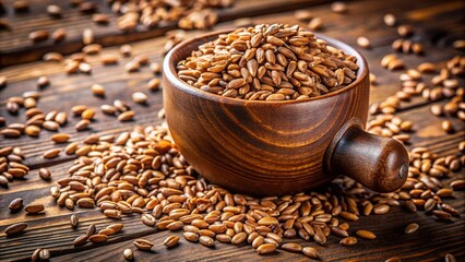 A detailed shot of a wooden cup overflowing with dark, shiny rye grains, the natural light highlighting their surface and a few grains scattered purposefully around.