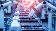 © Humeyra - The electric car battery manufacturing line features industrial robot arms assembling lithiumion EV battery packs inside an automotive smart factory with white robotic arms at the