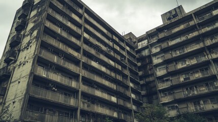 Old and dilapidated municipal residential buildings. Similar shaped apartment buildings line the building. This scene is set on an overcast day, adding to the gloomy and decrepit atmosphere.