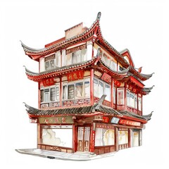  watercolor painting of a historic Chinatown building with red accents, on isolated white background