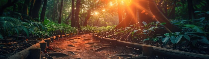 Poster - A serene forest path illuminated by warm sunlight, surrounded by lush greenery and vibrant foliage, perfect for nature enthusiasts.