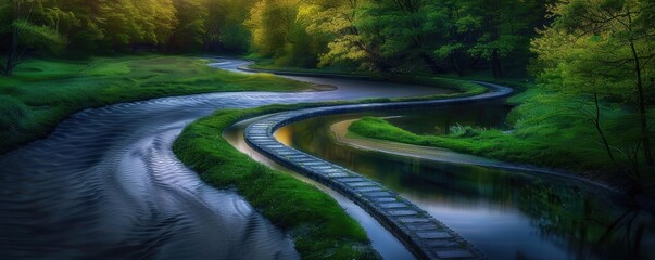 Aufkleber - A serene landscape showcasing a winding river through lush greenery, creating a tranquil and picturesque nature scene.
