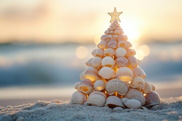 delicate seashell christmas tree arranged on a sandy beach soft warm lighting and negative space create a serene coastal holiday scene