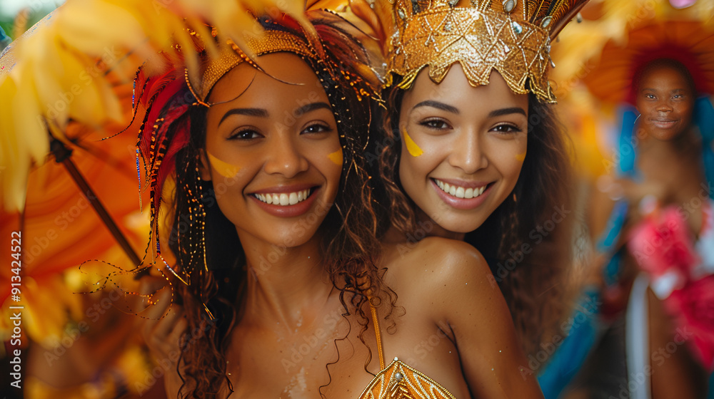 Two women dressed in vibrant costumes celebrate at a lively carnival ...