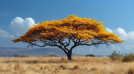 Wall Mural - majestic golden-leafed tree standing alone on scenic hillside under bright blue sky