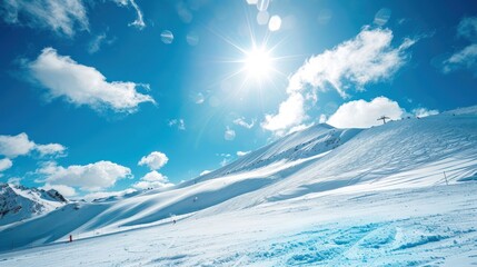 Snowy mountain slope with bright sun and blue sky