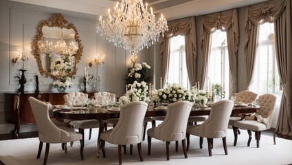 A large dining room with a long table set for a formal dinner,