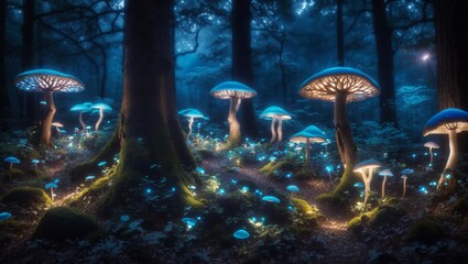 dark forest with a path, and many glowing blue mushrooms of different sizes.