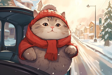 A cute fatty cat driving a car cross the snowy town road, wearing red scraf, adorable, cartoon, anime art