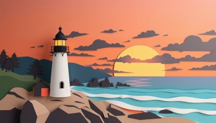 Wall Mural - Paper Cutout Lighthouse Sunset Landscape.