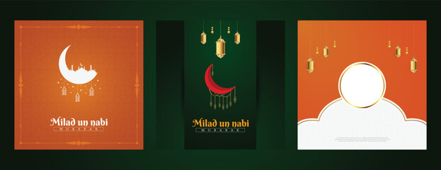 Poster - Eid, e, Milad, un-Nabi, wishes or greeting social media feed template three post or banner design with moon, lantern, sale, Vector illustration