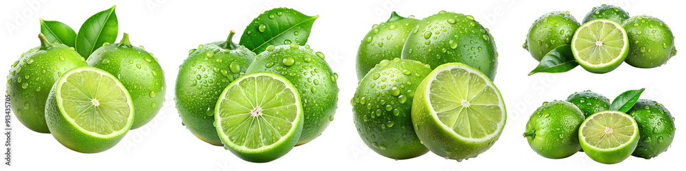 Vibrant fresh lime green citrus with drop isolated on transparent background