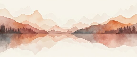 Sticker - Watercolor Mountain Landscape with Reflection.