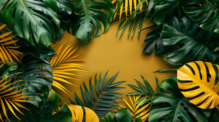 Wall Mural - Frame of mixed tropical leaves, copy space in middle, texture background