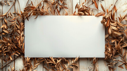 Wall Mural - Frame of willow leaves, white metallic board in middle, wooden background