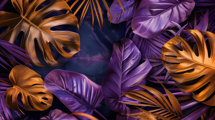 Poster - Purple and golden tropical leaves