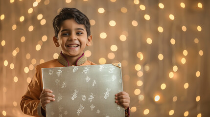 Sticker - Indian boy in sherwani, holding big silver rhombus-shaped board WITH festive look and lighting background,