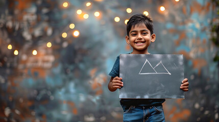 Poster - Indian boy wearing jeans and t-shirt holding black board