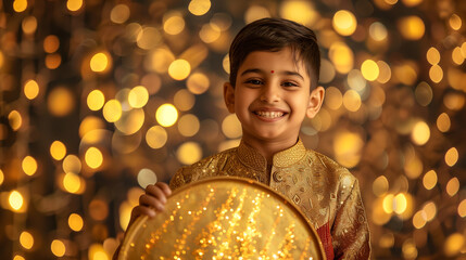 Wall Mural - Indian boy wearing traditional kurta, holding big golden round board on festival background