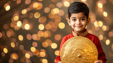 Wall Mural - Indian boy wearing traditional kurta, holding big golden round board on festival background