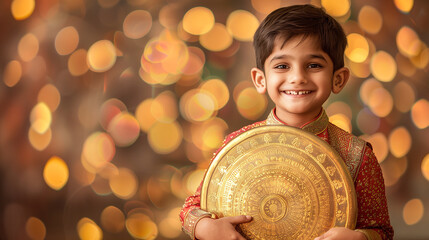 Canvas Print - Indian boy wearing traditional kurta, holding big golden round board on festival background