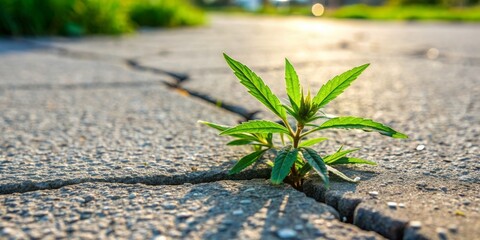 Weed growing on a cracked sidewalk in the spring , urban, city, nature, plant, growth, green, outdoors, season, pavement