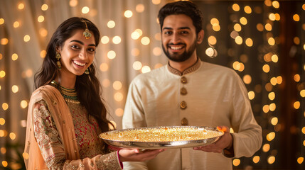 Poster - Indian couple in festive attire, celebrating festival with lighing