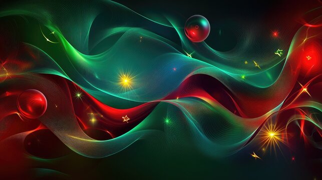 Abstract Christmas background with layered red and green waves, glowing stars, and decorative baubles, creating a festive visual delight.