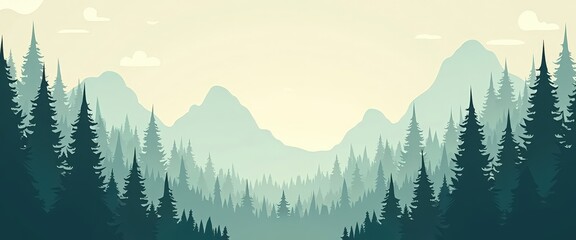 Wall Mural - Silhouettes of Pine Trees and Mountains.