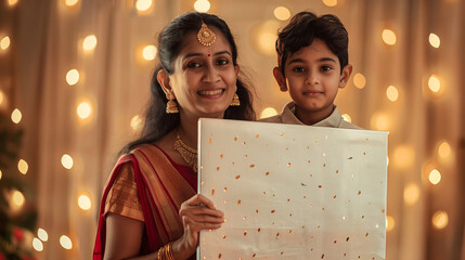 Poster - Indian mother and son in modern casual attire, holding big silver parallelogram-shaped board, festival celebration